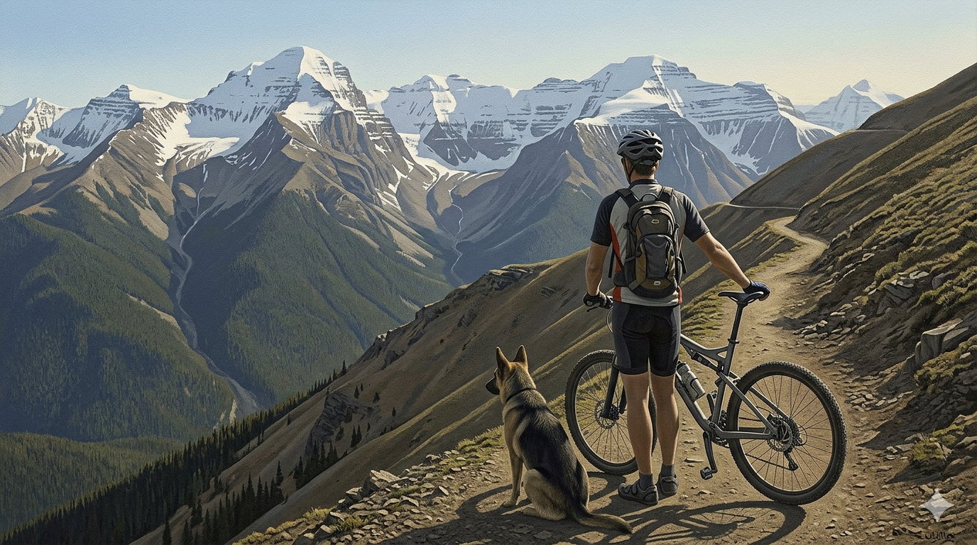 Colville-style painting: mountain biker on a singletrack trail with the Colorado Rockies behind