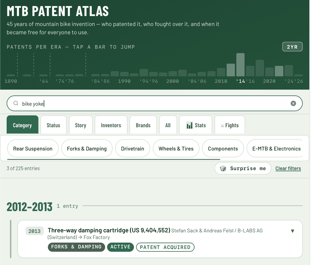 MTB Patent Atlas search results for a Fox Factory damping cartridge patent